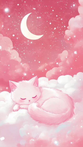 A sleepy cat curled up on a fluffy cloud with a crescent moon in the background, in the style of Kawaii.