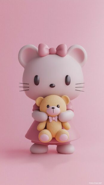 A small Hello Kitty holding her favorite teddy bear, centered on a pale pink background.