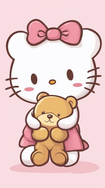 A small Hello Kitty holding her favorite teddy bear, iPhone wallpaper 4K.