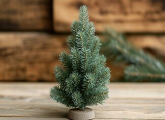 A small, tastefully decorated Christmas tree on a wooden floor.