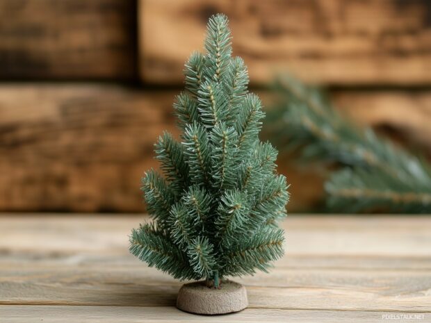 A small, tastefully decorated Christmas tree on a wooden floor.