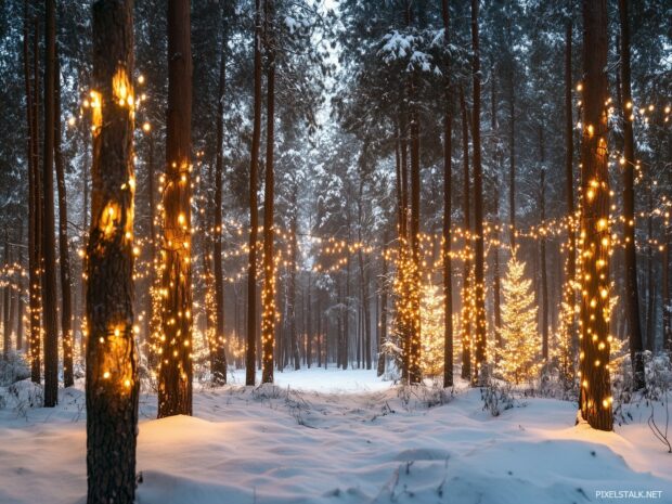 A snow covered forest with tall pine trees decorated with Christmas lights.