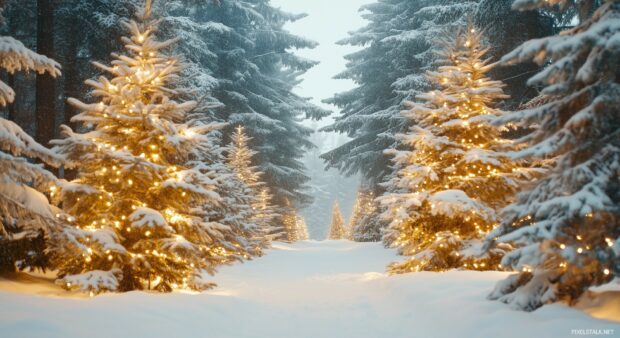 A snow covered forest with tall pine trees decorated with Christmas lights, Christmas Desktop Wallpaper.