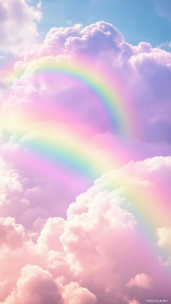 A soft, flowing pastel rainbow arcing across the sky, blending gentle shades of pink, lavender.