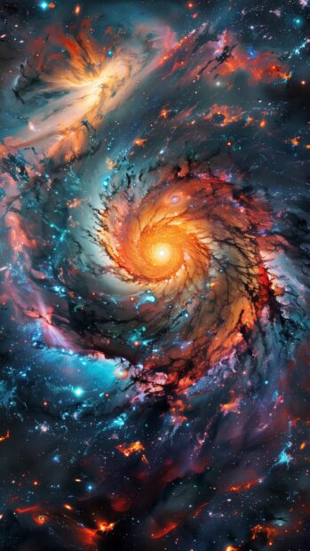 A spiral iPhone wallpaper galaxy with colorful nebulas and star formations.