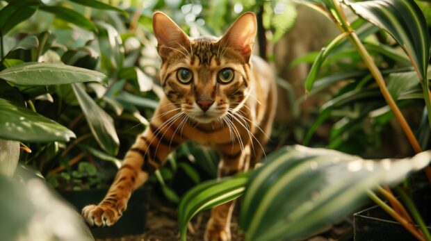 A striking Bengal cat stalking through a jungle like indoor setting.