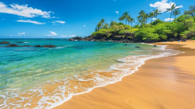 A stunning Hawaii beach desktop Wallpaper 4K with golden sand and crystal clear turquoise waters.