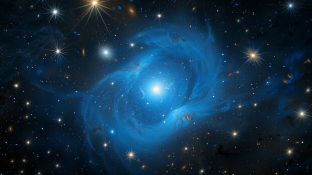 A stunning blue galaxy core surrounded by cosmic dust and luminous stars.