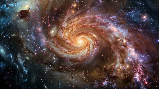 A stunning spiral galaxy desktop 4K wallpaper with vibrant colors and detailed star formations.