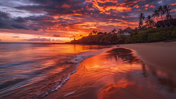 A stunning sunset over the Fiji beach, casting warm hues over the ocean and palm fringed shore.