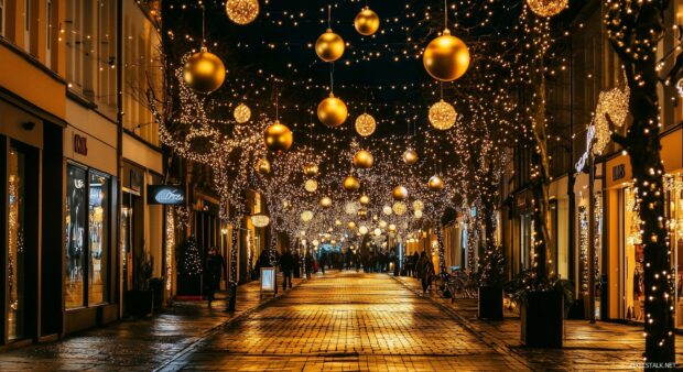 A stunning view of a city street decorated with Christmas lights and ornaments.