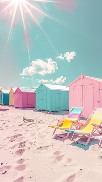 A stylish beach collage with nautical decor, pastel beach huts, and sunbathing scenes.