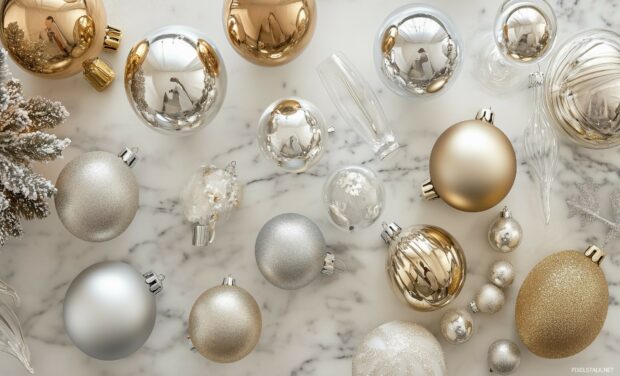 A stylish flat lay of Christmas ornaments, including glittery baubles and classic glass ornaments.