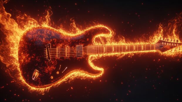 A stylized Guitar made entirely of Fire, with flames forming the body and neck.