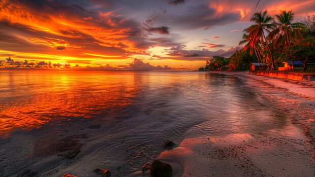 A sunset over a Fiji beach, casting warm hues over the ocean and palm fringed shore.