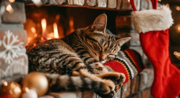 A tabby cat curled up in a cozy Christmas stocking hanging from the fireplace, with stockings and garlands around.