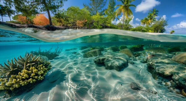 A tranquil Bahamas Beach Desktop Background with crystal clear waters and colorful coral reefs visible just below the surface.