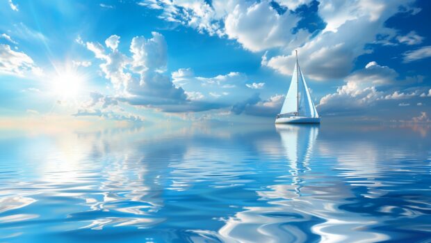 A tranquil blue sea background with a lone sailboat drifting peacefully on calm waters.