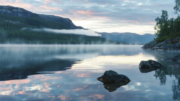 A tranquil lake surrounded by mountains at dawn with mist rising from the water, 8K desktop wallpaper.