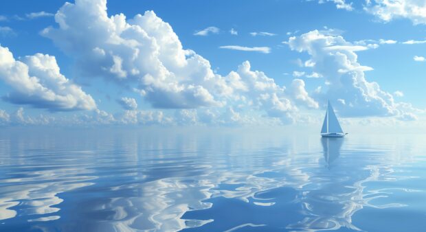 A tranquil ocean background with a lone sailboat drifting peacefully on calm waters, the sky reflecting in the glassy surface.