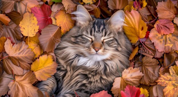 A tranquil scene of a sleeping Norwegian Forest cat nestled in a bed of autumn leaves, its fur blending with the warm hues.