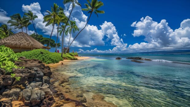 A tropical 4K Hawaii beach desktop background with a thatched roof hut and swaying palm trees, the ocean sparkling in the sunlight.