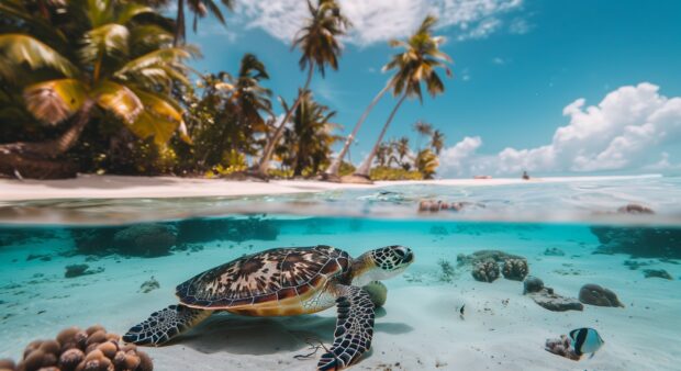 A tropical Beach Palm trees wallpaper with sea turtles swimming in the shallow waters, vibrant coral and marine life visible below.