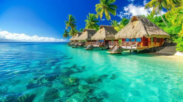 A tropical Fiji beach desktop wallpaper HD with overwater bungalows and a clear, blue lagoon.