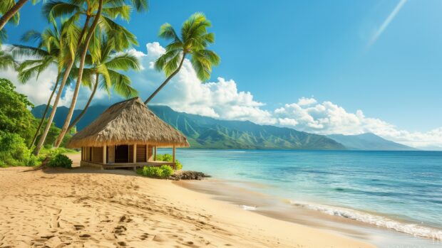 A tropical Hawaii beach 2K Desktop Wallpaper with a thatched roof hut and swaying palm trees, the ocean sparkling in the sunlight.