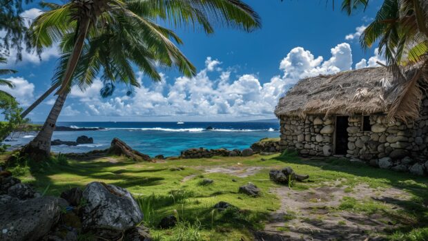 A tropical Hawaii beach QHD Wallpaper with a thatched roof hut and swaying palm trees, the ocean sparkling in the sunlight.