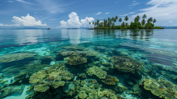 A tropical paradise with crystal clear turquoise waters and coral reefs visible beneath the surface, blue sea HD wallpaper.