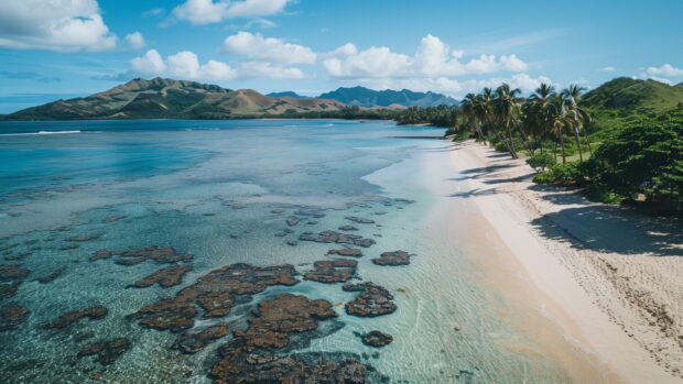 A vibrant Fiji beach 4K Wallpaper with colorful coral reefs visible in the shallow waters, surrounded by tropical vegetation.