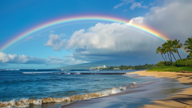 A vibrant Hawaii beach background with a rainbow arching over the sea and palm lined shore.