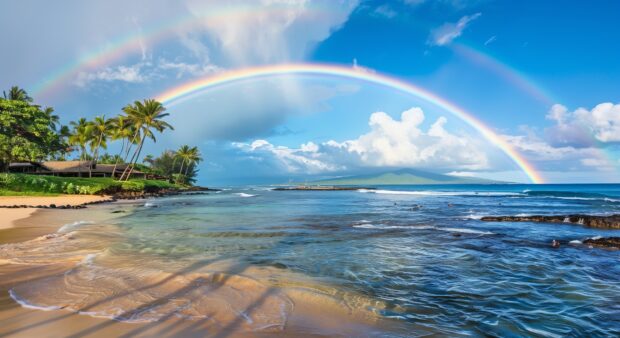 A vibrant Hawaii beach scene for desktop with a rainbow arching over the sea and palm lined shore.