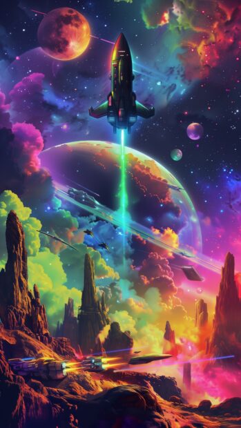 A vibrant aesthetic galaxy wallpaper with a neon lit spaceship flying through a colorful galaxy.