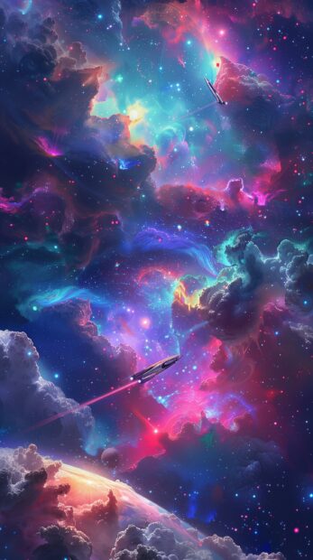 A vibrant aesthetic iPhone Galaxy background with a neon lit spaceship flying through a colorful galaxy.