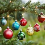 A vibrant assortment of Christmas ornaments in various shapes and sizes hanging from a lush green tree.