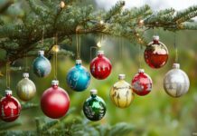 A vibrant assortment of Christmas ornaments in various shapes and sizes hanging from a lush green tree.