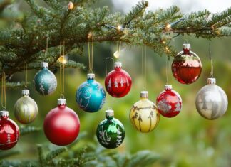 A vibrant assortment of Christmas ornaments in various shapes and sizes hanging from a lush green tree.