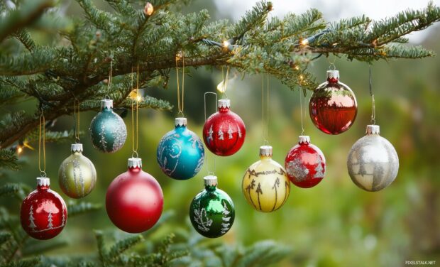 A vibrant assortment of Christmas ornaments in various shapes and sizes hanging from a lush green tree.