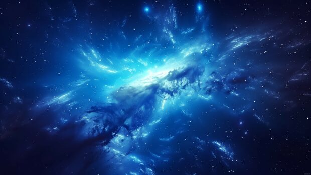 A vibrant blue galaxy 8K resolution desktop wallpaper with swirling gas clouds and bright stars.