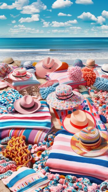 A vibrant preppy beach wallpaper 4K collage featuring beach towels with preppy patterns, stylish sun hats, and coastal landscapes.