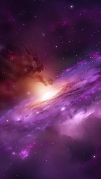 A vibrant purple galaxy background surrounded by cosmic dust and luminous stars.