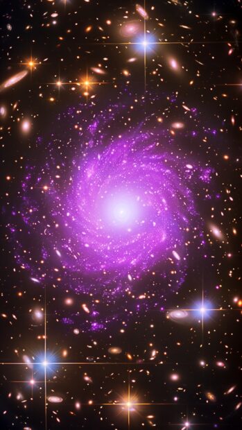 A vibrant purple galaxy core surrounded by cosmic dust and luminous stars.