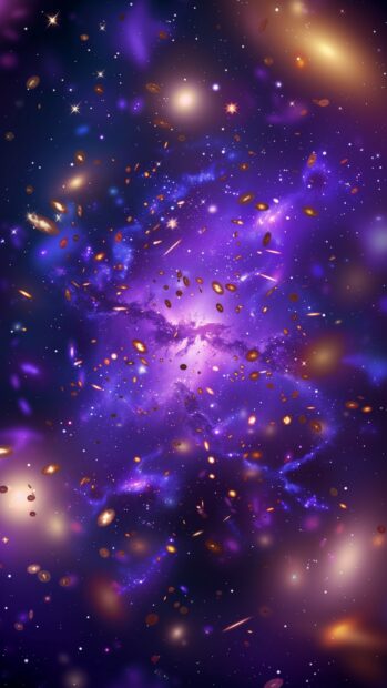 A vibrant purple galaxy core surrounded by cosmic dust and luminous stars, aesthetic wallpaper.