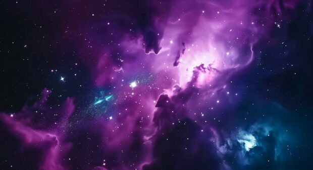 A vibrant purple galaxy wallpaper with electric blue and pink hues, and shimmering stars.