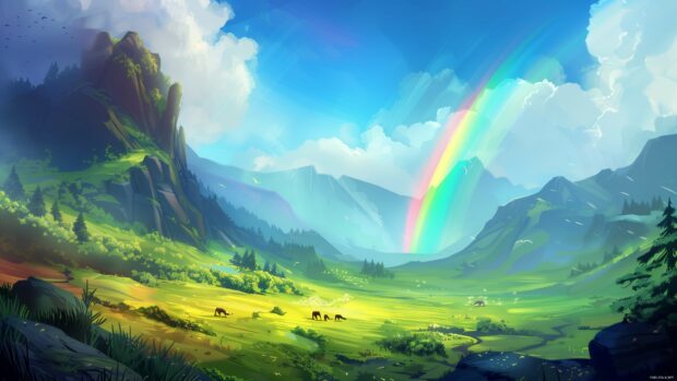 A vibrant rainbow arching over a lush green meadow, 4K desktop wallpaper.