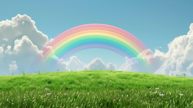 A vibrant rainbow arching over a lush green meadow, with a clear blue sky in the background .