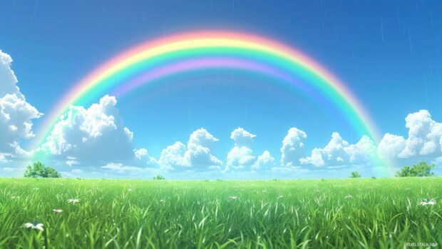 A vibrant rainbow arching over a lush green meadow, with a clear blue sky in the background.