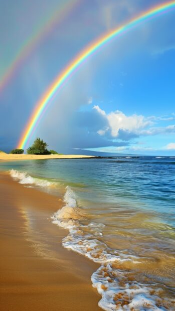 A vibrant rainbow arching over a peaceful beach, with clear blue skies and gentle waves.